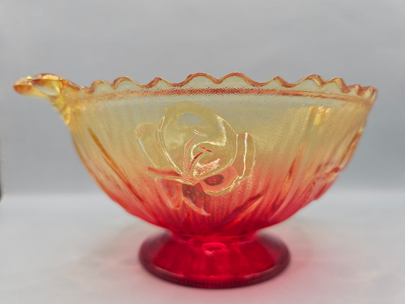 Vintage Jeannette Glass Amberina Iris & Herringbone Scalloped Frosted Bowl, 3.5 inches tall, 6 inches wide, with yellow-to-red gradient and floral pattern