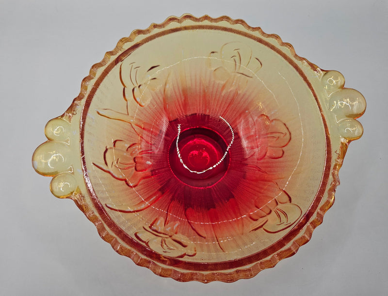 Vintage Jeannette Glass Amberina Iris & Herringbone Scalloped Frosted Bowl, 3.5 inches tall, 6 inches wide, with yellow-to-red gradient and floral pattern