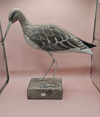 Handmade wooden shore bird figurines on rustic bases, coastal home decor in two sizes