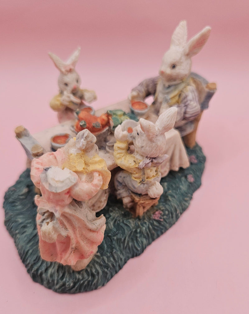 Vintage bunny figurine of rabbits at dinner table, pastel painted with one head missing, 4.3x3.2, collectible Easter decor