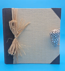 Coastal woven seashell photo album with raffia bow, 50 pages, 9x9 scrapbook.