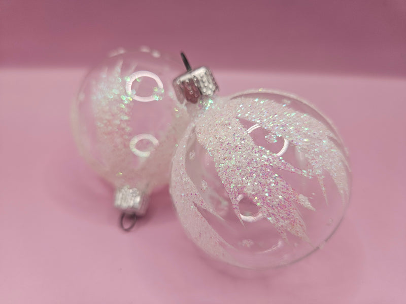 Vintage set of 5 glass ornaments, featuring clear glass with frosted and glitter accents, perfect for holiday decor