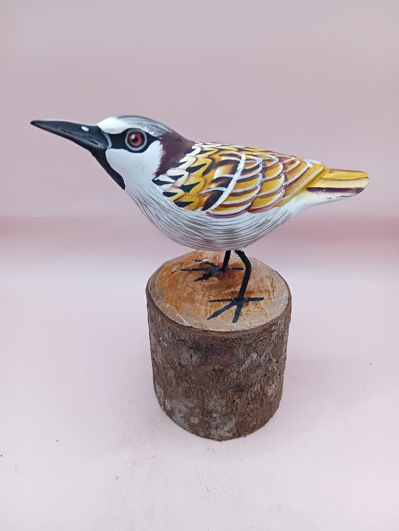  Hand-painted yellow and purple songbird figurine on wood base – 5.5 to 6 inches