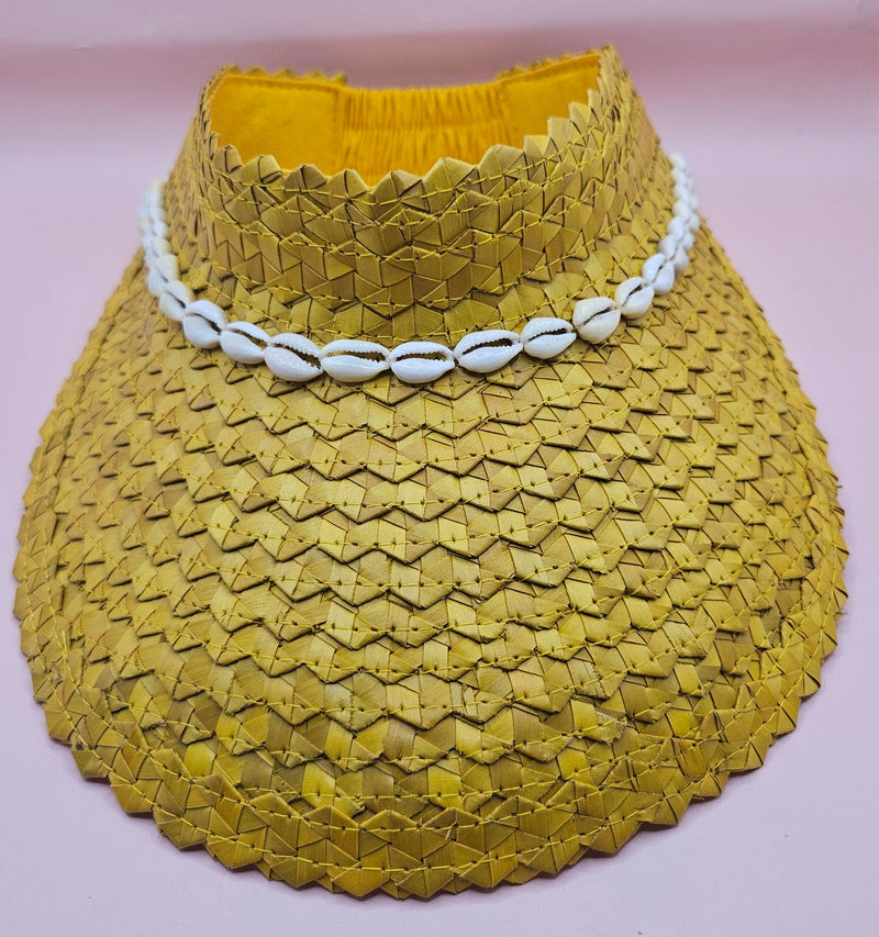  woven palm visors with cowrie shell trim in black, blue, yellow, and green
