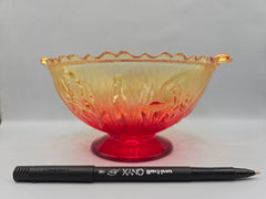 Vintage Jeannette Glass Amberina Iris & Herringbone Scalloped Frosted Bowl, 3.5 inches tall, 6 inches wide, with yellow-to-red gradient and floral pattern