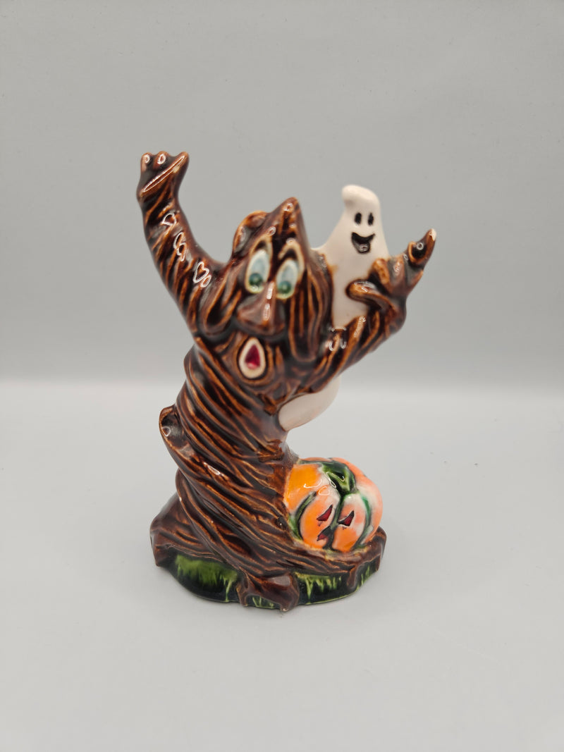 Vintage 4.5"x1.5" Ceramic Ghost and Pumpkin Halloween Decoration, spooky tree with ghost and pumpkin, festive Halloween décor