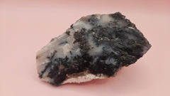 Close-up photo of dendritic opal rough specimen showing black fern-like mineral inclusions in milky-white and gray matrix, 304 grams.