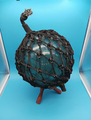 Japanese glass fishing float with rope netting, aqua blue-green 10.5