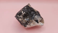 Close-up photo of dendritic opal rough specimen showing black fern-like mineral inclusions in milky-white and gray matrix, 304 grams.