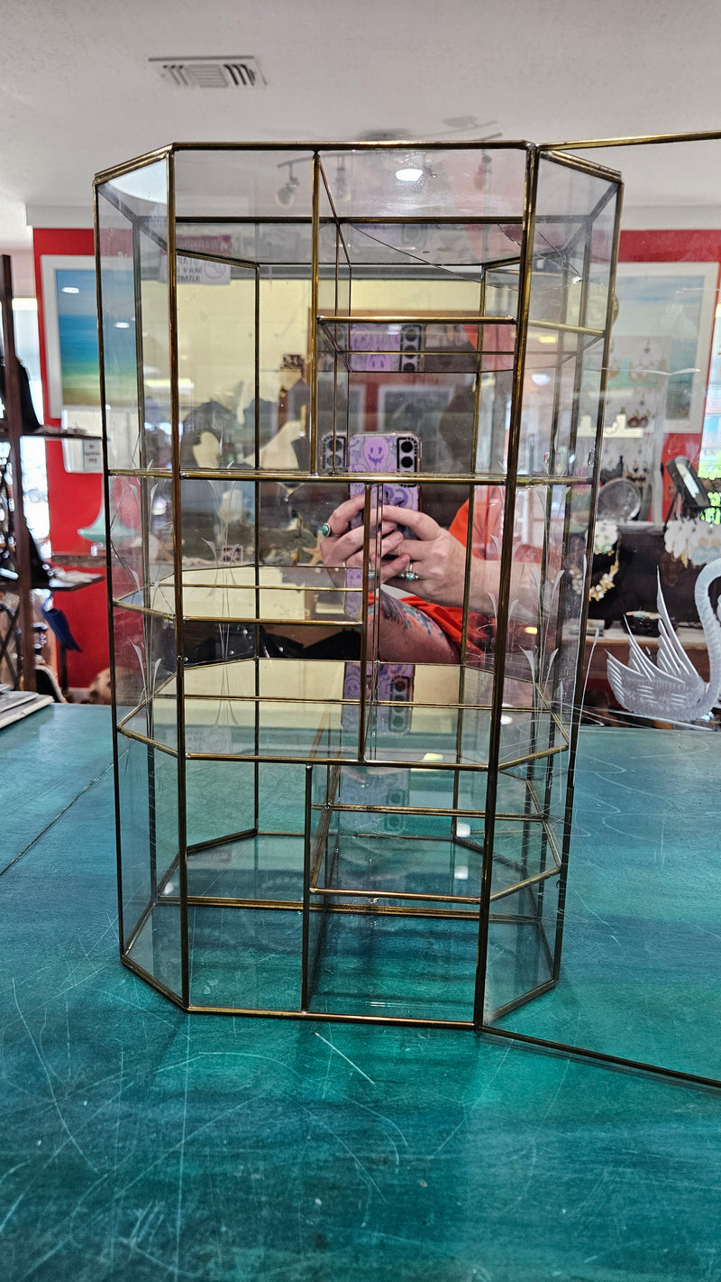 Vintage hexagonal glass curio cabinet with brass trim and etched floral design, 15 inches tall