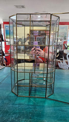 Vintage hexagonal glass curio cabinet with brass trim and etched floral design, 15 inches tall