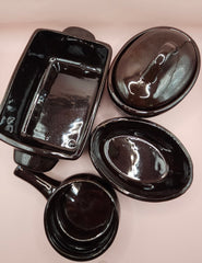 vintage Taiwan brown pottery stoneware items: soup bowl, oval baker, round crock with lid, and rectangular casserole dish