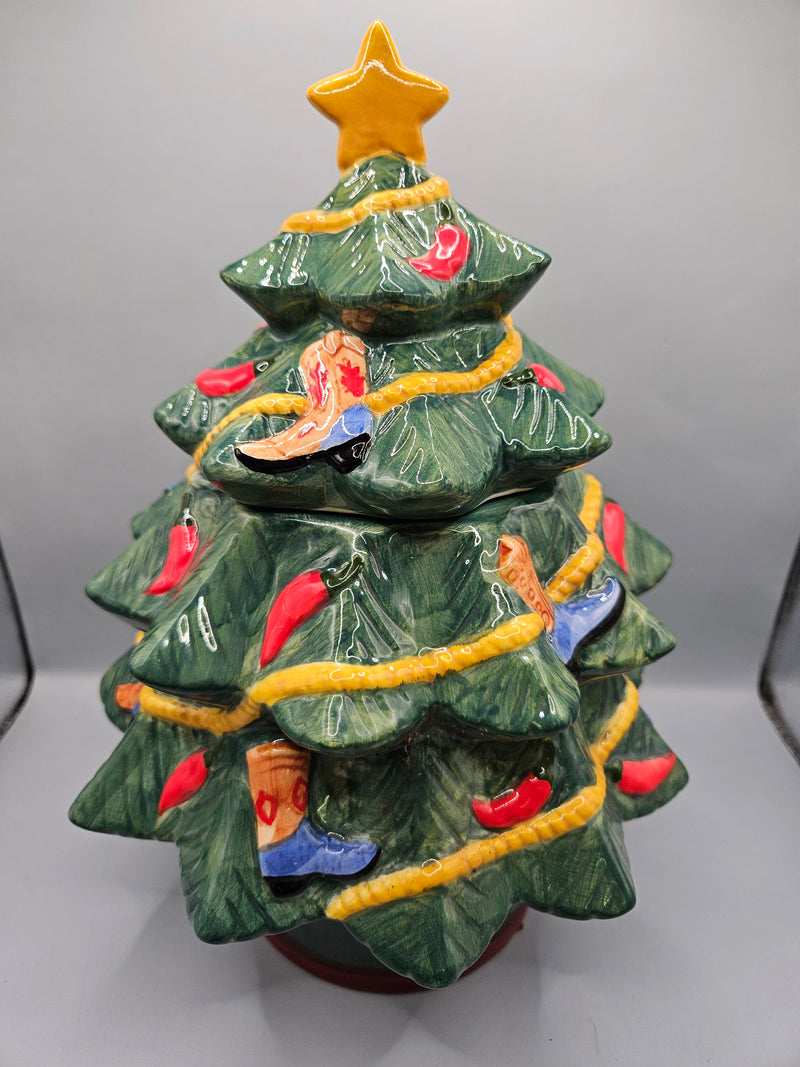 Vintage Christmas tree cookie jar adorned with cowboy boots and colorful peppers, measuring 11 inches tall and 8.5 inches wide