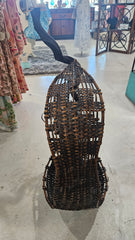Large abstract wood and woven rattan sculpture with circular form and coil accents, 23.5