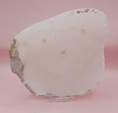 small raw-edge onyx dishes with soft cream coloring and polished finish on pink background