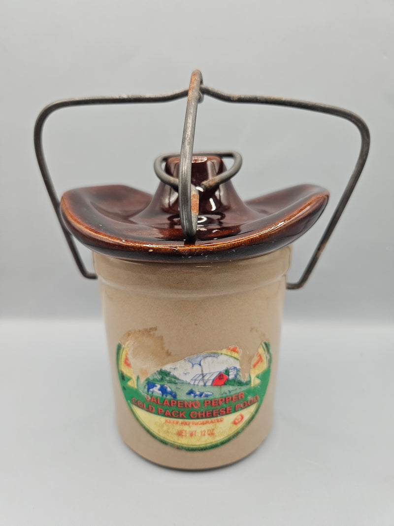 Vintage 6"x4.5" Stoneware Crock with Jalapeño Pepper Cold Pack Cheese Food Label, wire handle, brown glazed lid