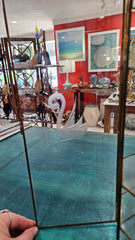 Vintage hexagonal glass curio cabinet with brass trim and etched floral design, 15 inches tall
