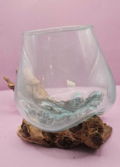 Teak root driftwood and molten glass terrarium – single globe. Handcrafted with molten glass carefully shaped over natural teak root driftwood, creating a one-of-a-kind organic design. Perfect for housing plants, succulents, or decorative displays. Ideal for home or office decor.