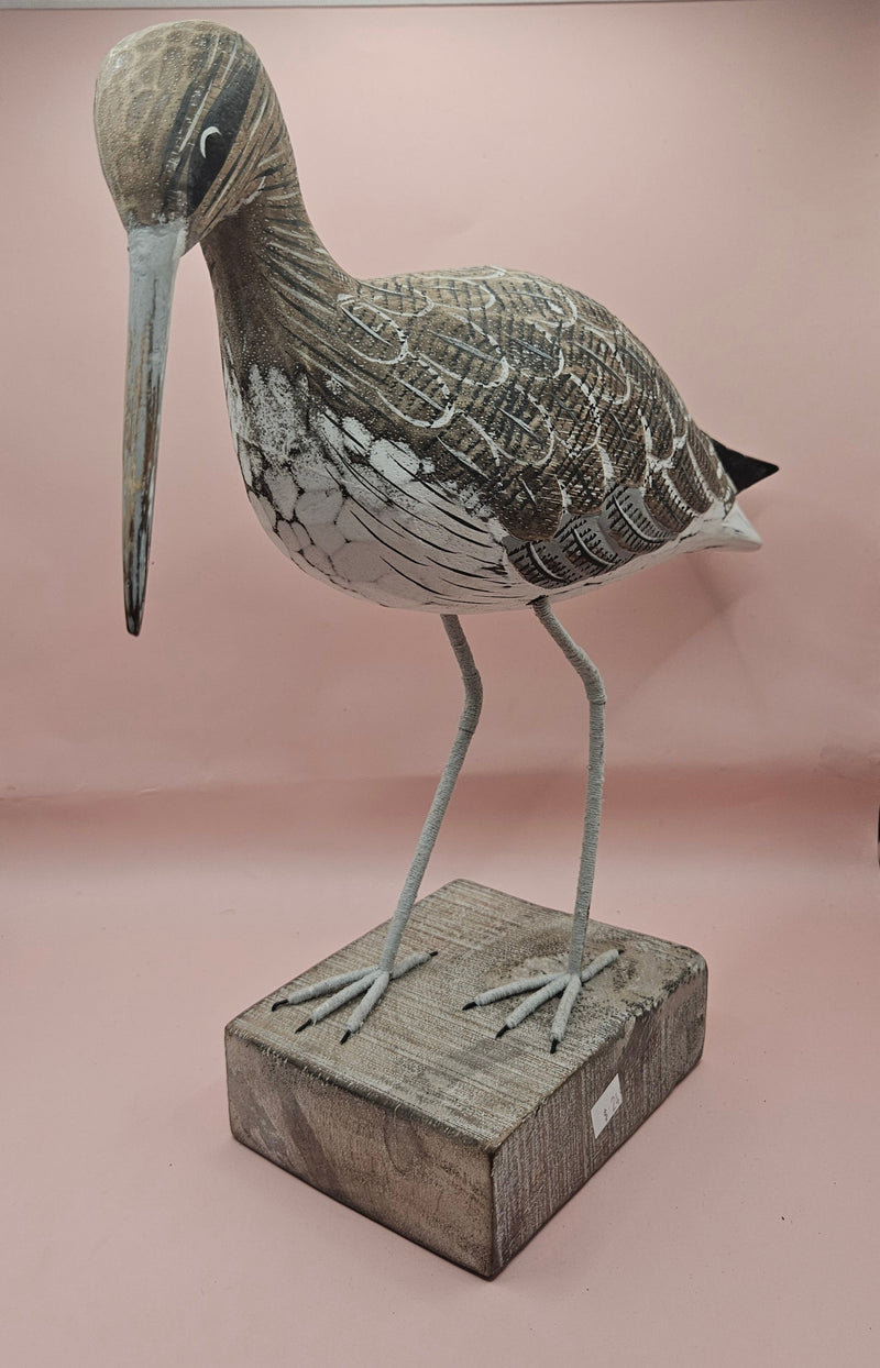 Handmade wooden shore bird figurines on rustic bases, coastal home decor in two sizes