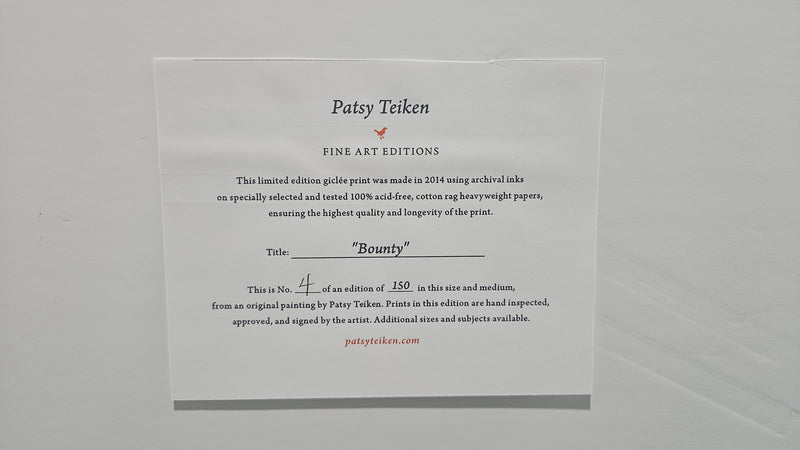 Signed limited edition giclée print “The Locals” by Patsy Teiken. Featuring three brown pelicans in calm water. Print #4/150, 16.5x13, with certificate of authenticity. Ideal for coastal or wildlife-themed decor.