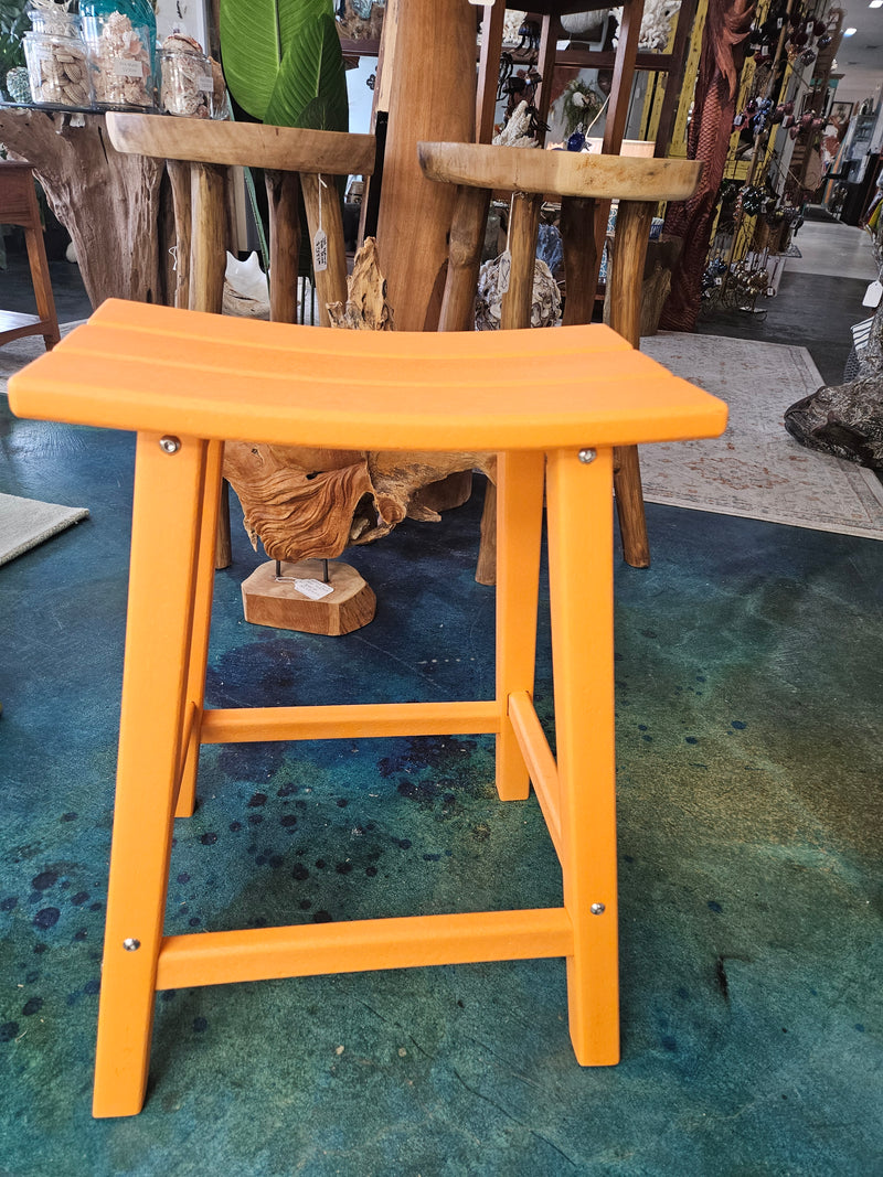 Durable orange Polywood stool, 24 inches tall and 18 inches wide, designed for indoor and outdoor use.