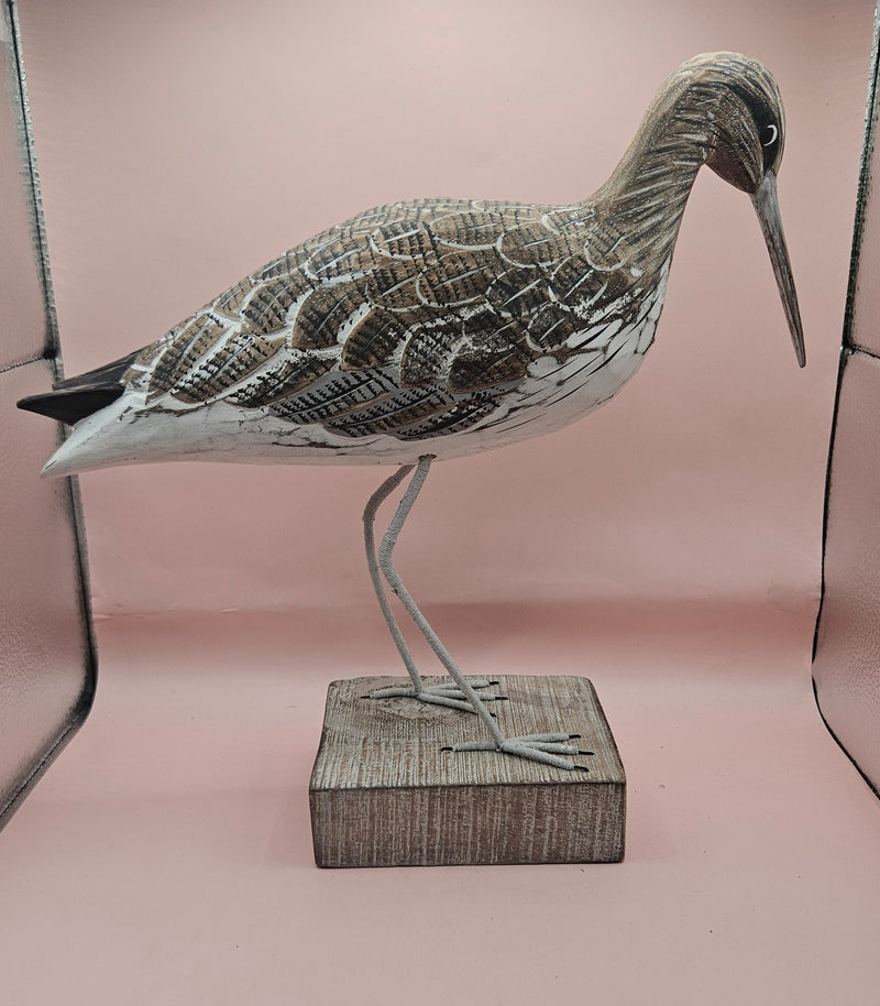 Handmade wooden shore bird figurines on rustic bases, coastal home decor in two sizes