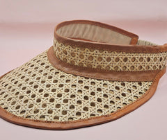 woven rattan visors with faux leather trim in black, red, green, and brown