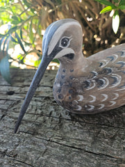 Hand-carved wooden snipe bird sitting decor, 10.5 inches by 3.5 inches, perfect for nature-inspired and coastal decor