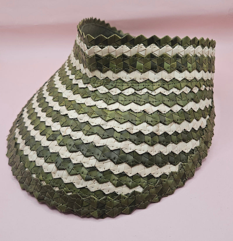  striped woven palm visors in blue, green, and natural cream colors with wide brims
