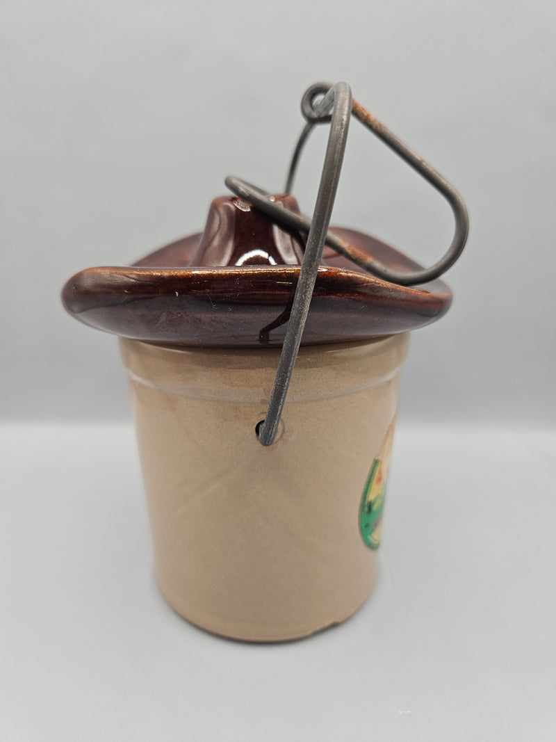 Vintage 6"x4.5" Stoneware Crock with Jalapeño Pepper Cold Pack Cheese Food Label, wire handle, brown glazed lid