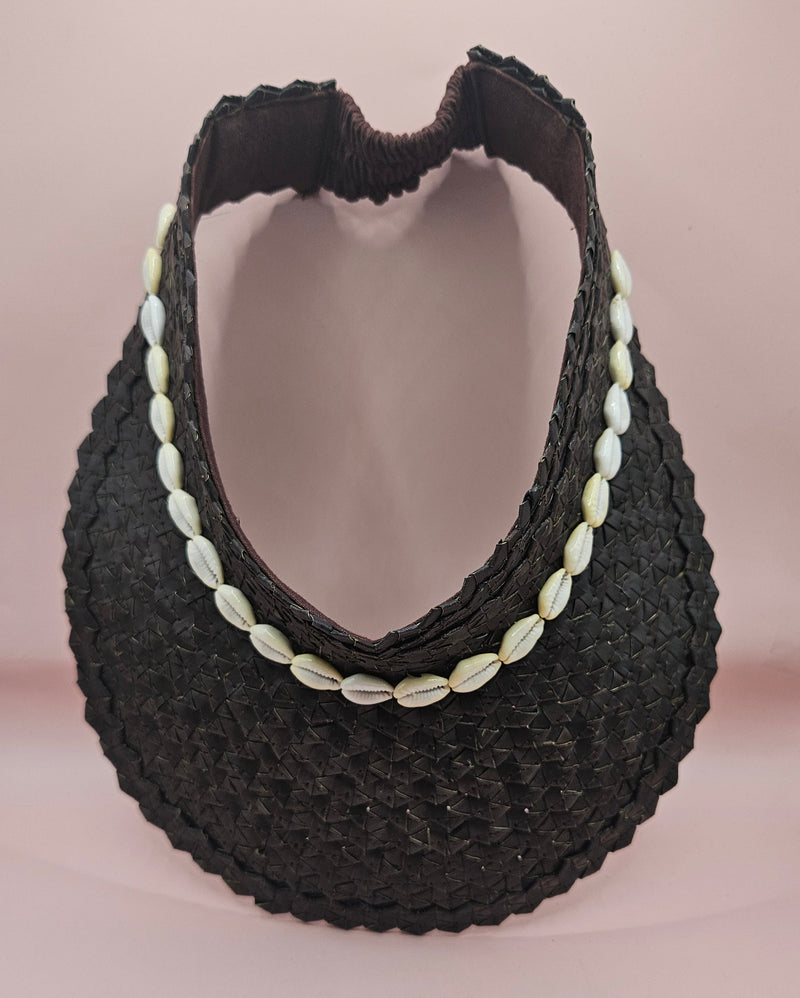  woven palm visors with cowrie shell trim in black, blue, yellow, and green
