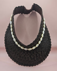  woven palm visors with cowrie shell trim in black, blue, yellow, and green