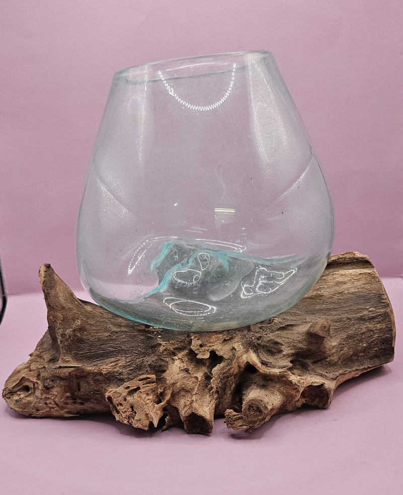 Teak root driftwood and molten glass terrarium – single globe. Handcrafted with molten glass carefully shaped over natural teak root driftwood, creating a one-of-a-kind organic design. Perfect for housing plants, succulents, or decorative displays. Ideal for home or office decor.