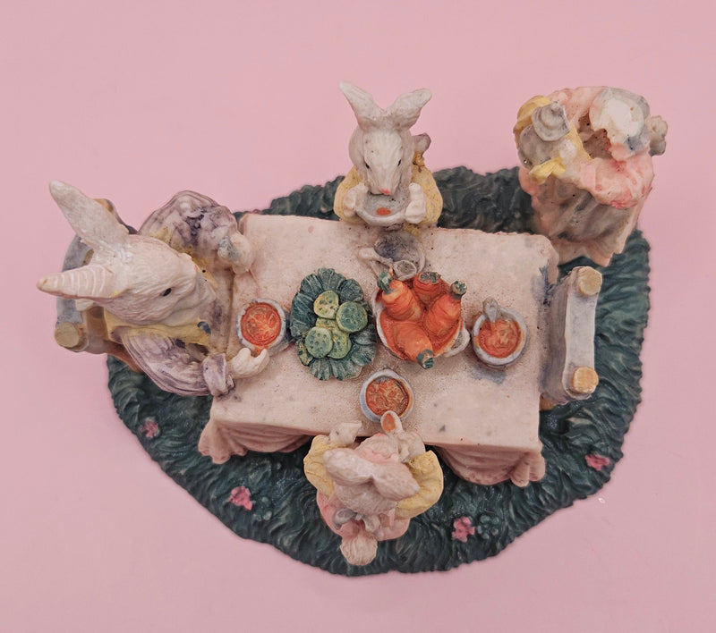 Vintage bunny figurine of rabbits at dinner table, pastel painted with one head missing, 4.3x3.2, collectible Easter decor