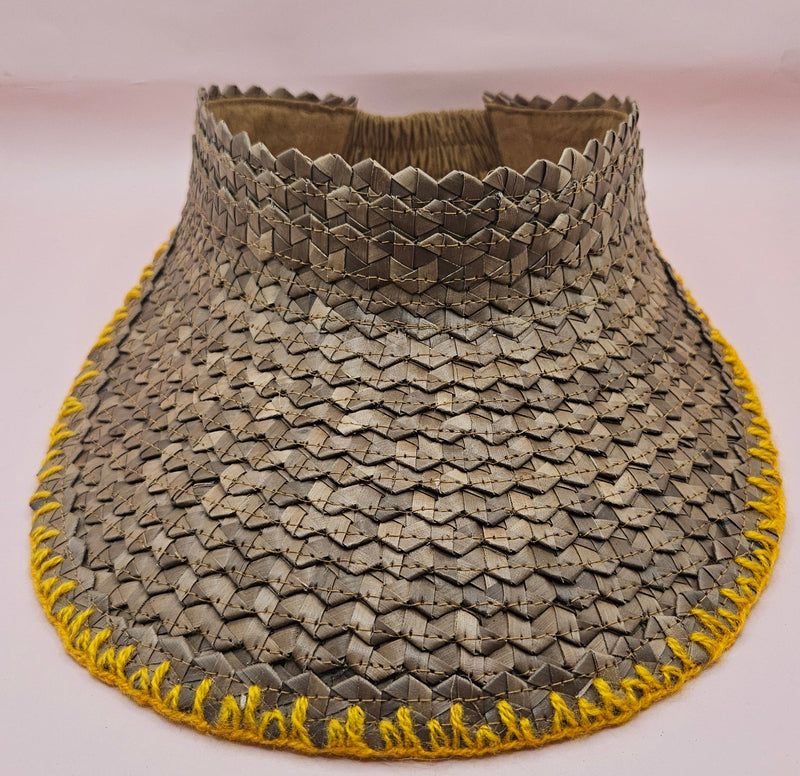 woven palm leaf visors with colorful edge stitching in black, pink, yellow, and light pink