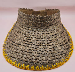 woven palm leaf visors with colorful edge stitching in black, pink, yellow, and light pink