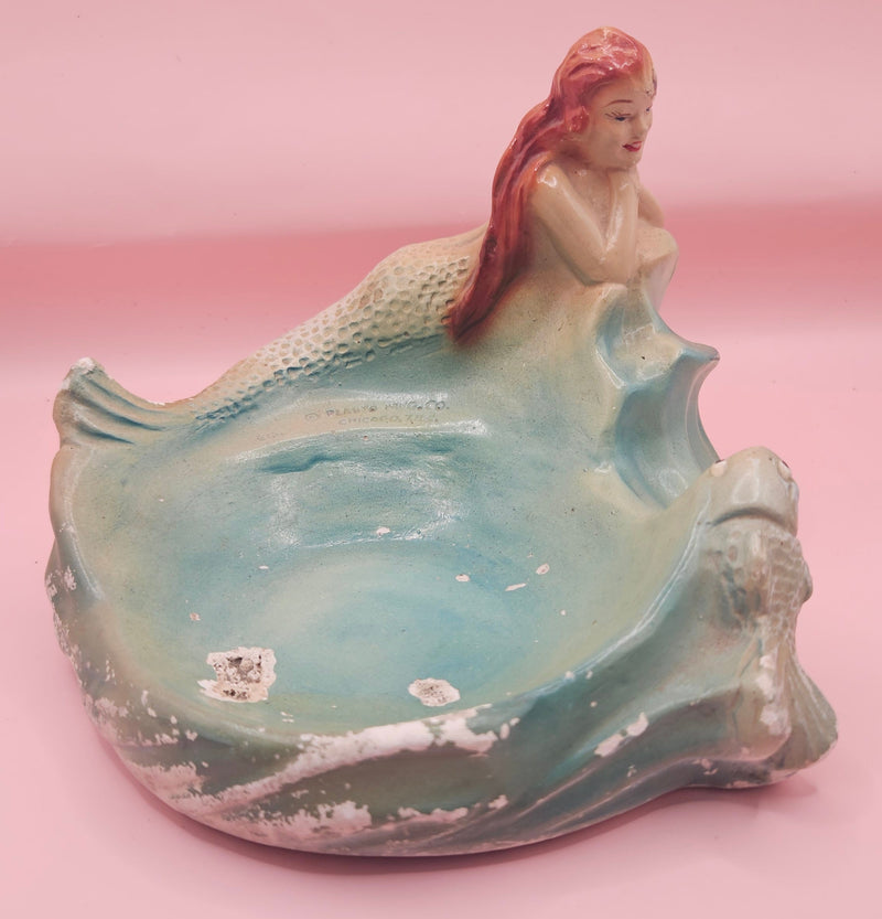 Vintage plaster mermaid dish with aqua finish, Plasto Mfg. Co. Chicago 1950s