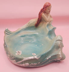 Vintage plaster mermaid dish with aqua finish, Plasto Mfg. Co. Chicago 1950s