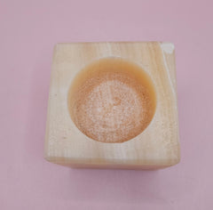 Square natural onyx candle holder with soft golden marbling, sized 2.4x2.4 inches