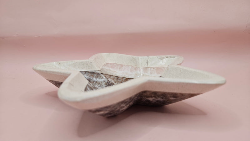 Dark polished onyx star dish with gray and brown veining on pink background