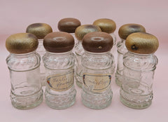 Set of 9 vintage clear glass spice jars with wood-look plastic lids, 3.8 inches tall