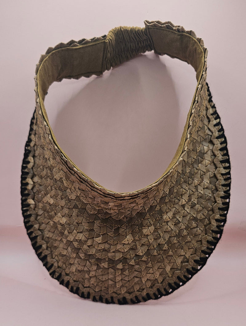 woven palm leaf visors with colorful edge stitching in black, pink, yellow, and light pink