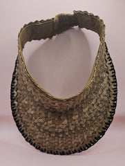 woven palm leaf visors with colorful edge stitching in black, pink, yellow, and light pink