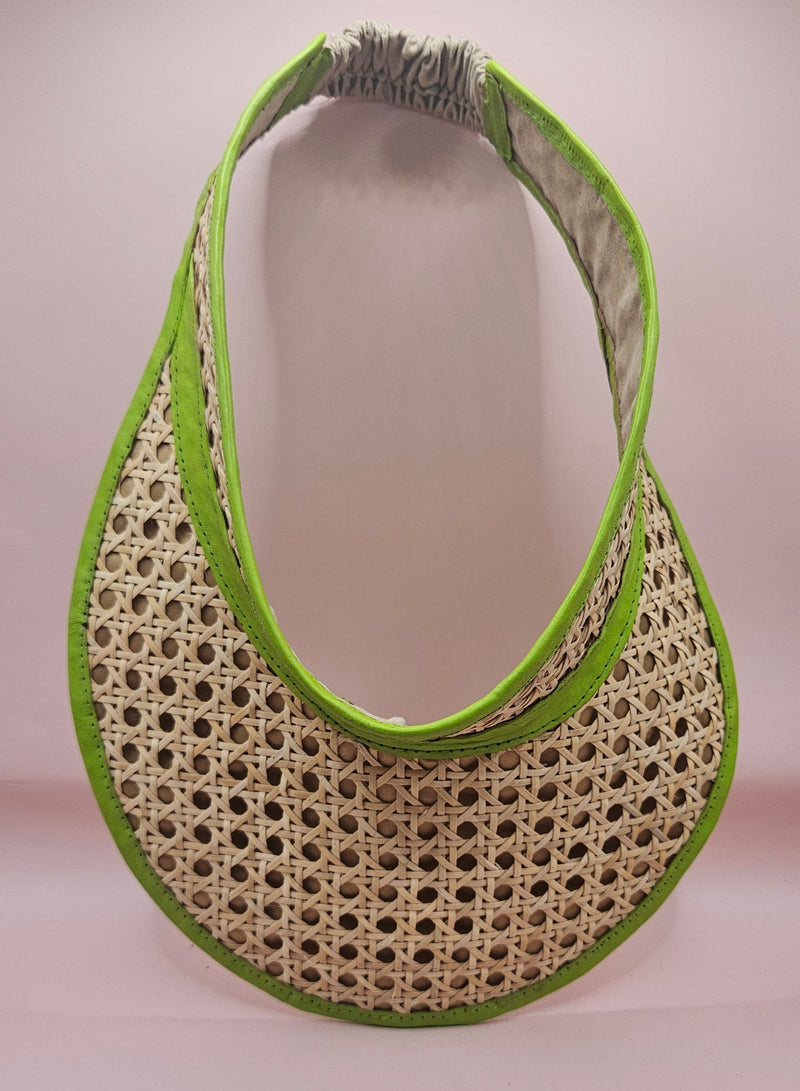  woven rattan visors with faux leather trim in black, red, green, and brown
