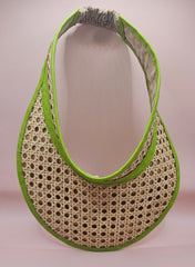  woven rattan visors with faux leather trim in black, red, green, and brown
