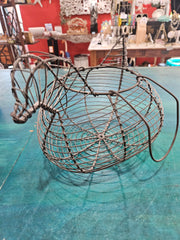 Vintage metal wire egg gathering basket in the shape of a hen, measuring 11.5 inches by 8 inches by 7 inches, ideal for farmhouse decor