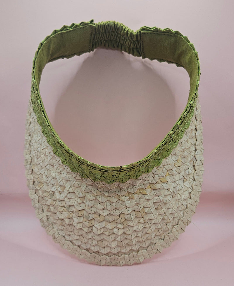 palm leaf visors in green, pink, and navy with natural straw brims