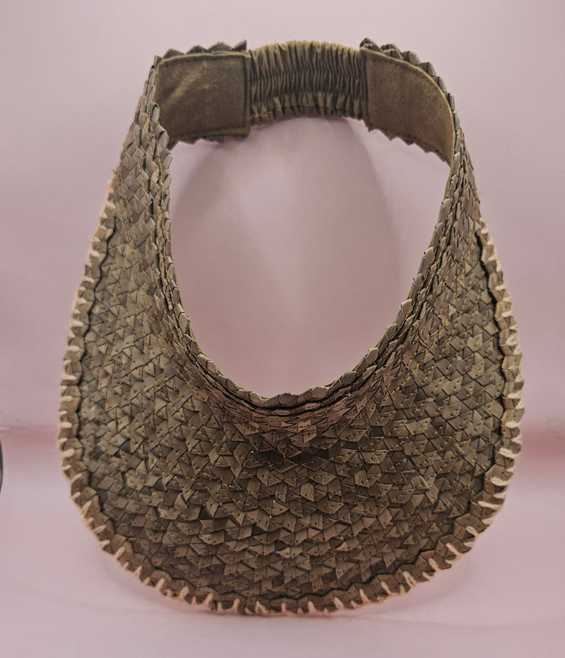 woven palm leaf visors with colorful edge stitching in black, pink, yellow, and light pink