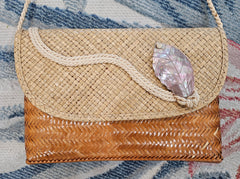 Vintage Genie Purse Woven Straw Clutch Bag With Shell Pearl Accent