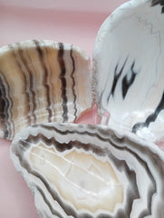 Polished natural onyx shell bowls with layered cream, gray, and brown tones